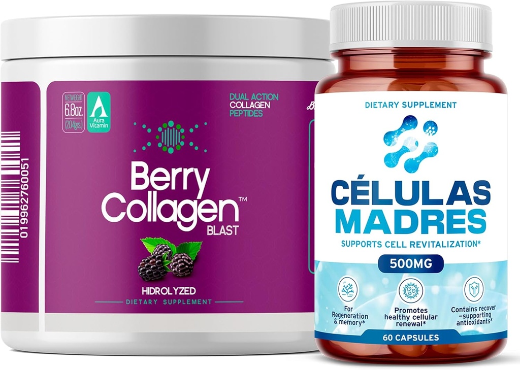 AFA Stem Cell Supplements 500mg & Berry Collagen Blast Bundle de soutien Antiaging, Immunity, Joint & Gut Health. 60 capsules + poudre de collagène hydrolysée.