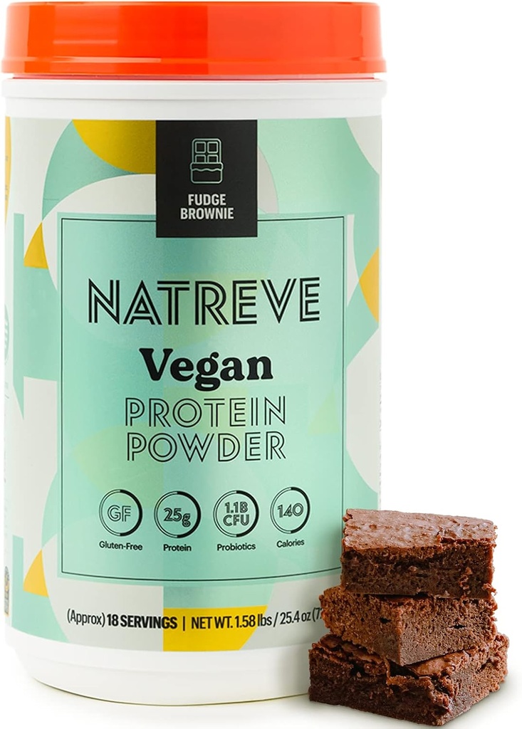 Natreve Poudre de protéines végétales - 25g Poudre de protéines végétales avec des probiotiques et des acides aminés - Sans gluten Fudge Brownie, 18 portions