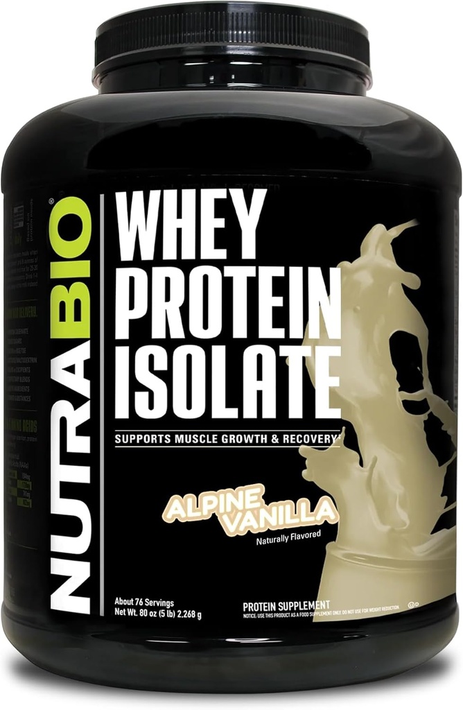 NutraBio 100% Whey Protein Isolate Protéine Poudre, 25g Protéine avec profil complet d'acide aminé, non-OGM, sans soja et sans gluten, faible teneur en glucides, faible teneur en calories en protéines, Vanille alpine, 5 Lb