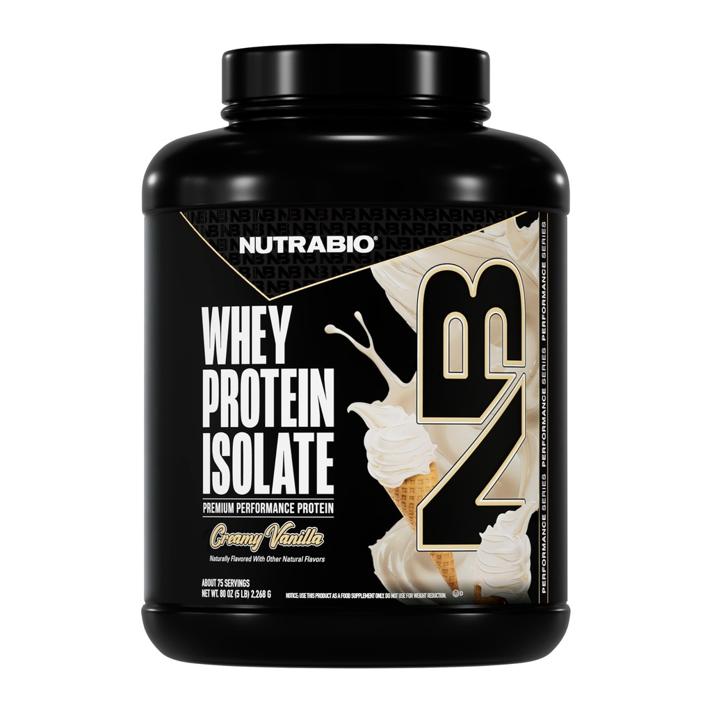 NutraBio 100% Whey Protein Isolate Protéine Poudre, 25g Protéine avec profil complet d'acide aminé, non-OGM, sans soja et sans gluten, faible teneur en glucides, faible teneur en calories en protéines, Vanille alpine, 5 Lb