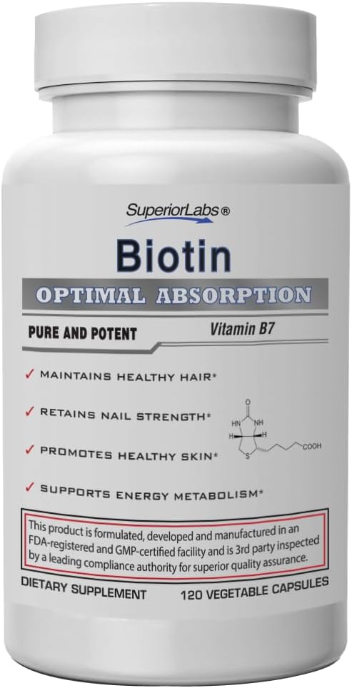 Superior Labs – Meilleur supplément naturel de biotine non OGM – pour les cheveux et les cils plus longs luscieux – Nails plus forts – peau saine – booster d'énergie – poids santé - 5000 mcg, 120 bouchons de légumes