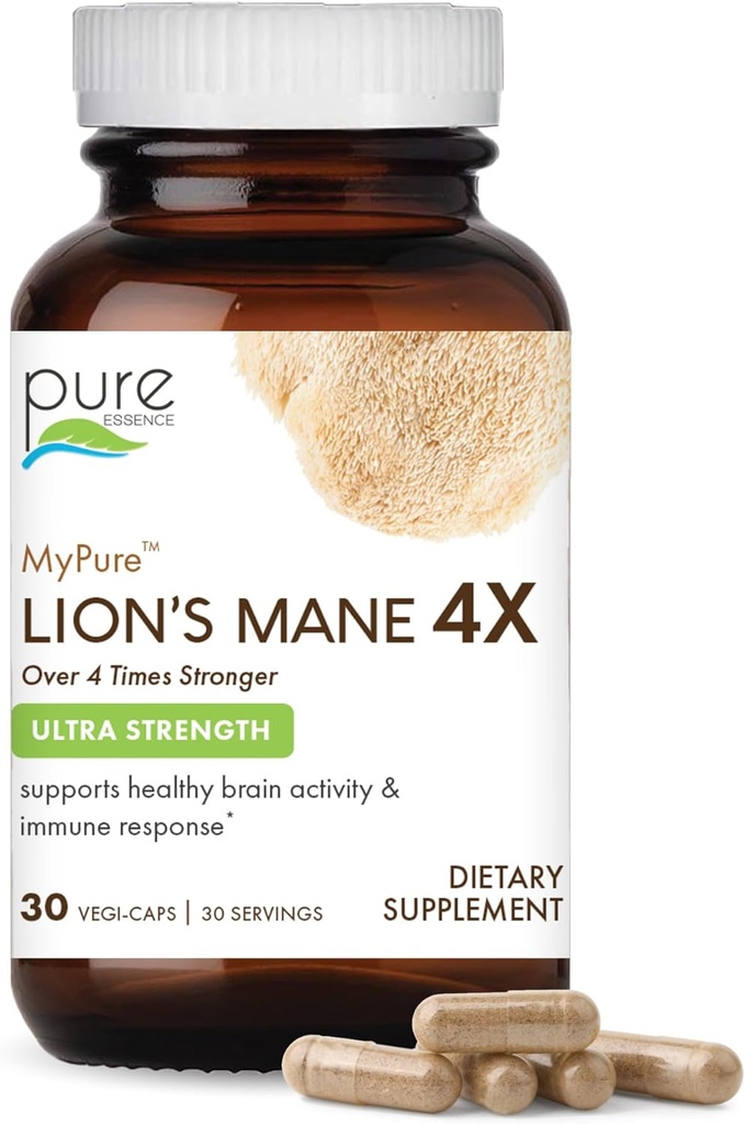 ESSENCE PURE LABS MyPure Lion's Mane 4X - Ultra Strength Cerveau Supplément avec 6:1 Extrait d'eau chaude et 10:1 Extrait pour la santé cognitive, Focus, Mémoire et Clarté mentale, 30 Capsules