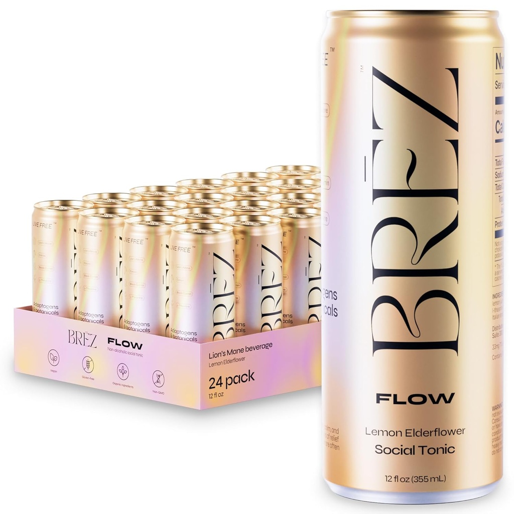 BREZ FLOW Lion’s Mane Mushroom Drink, 24-Pack, Non-Infused, Adaptogens, Relieving, Uplifting, and Social, Sparkling Lemon Elderflower Tonic 12 Fl oz