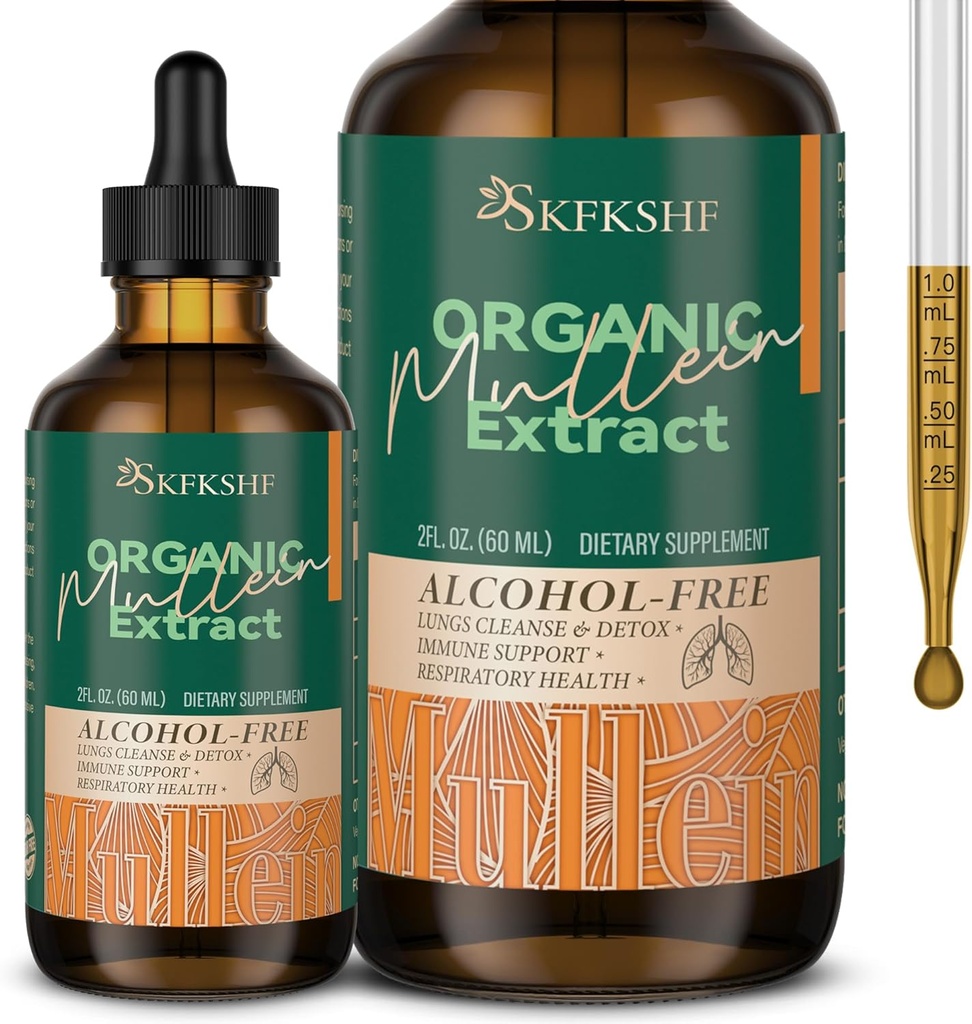 Gouttes de Mullein pour les poumons, Extrait de mélange d'herbes de Mullein Leaf, Supplément de soutien aux poumons naturels pour le nettoyage des poumons et la santé respiratoire du poumon 94