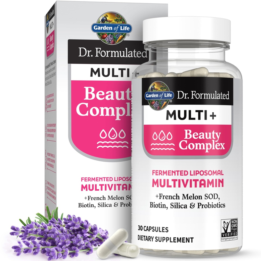 Jardin de la vie Dr Formulé Multi+ Complexe Beauté Liposomale Fermenté Multivitamine Plus Peau et ongles Vitamines, Melon SOD, Biotine & Probiotiques, 30 Capsules, Supplément pour les femmes et les hommes