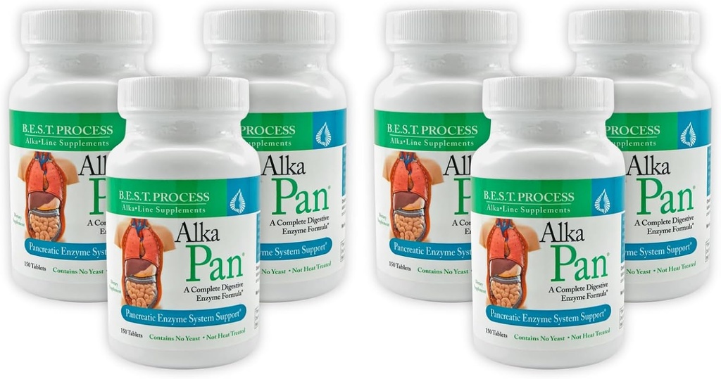 Alka•Pan (6 pack) Meilleur procédé Alkaline — supplément digestif naturel — enzymes pancréatiques avec des superaliments antioxydants et des herbes digestives