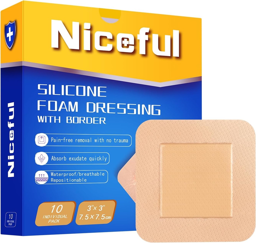 Silicone Foam Dressing 3x3 in (7.5x7.5cm),High Absorbency Bed Sore Bandages Wound Care Dressing,Waterproof Silicone Bandages for Sensitive Skin Wound Care(10 Pcs)