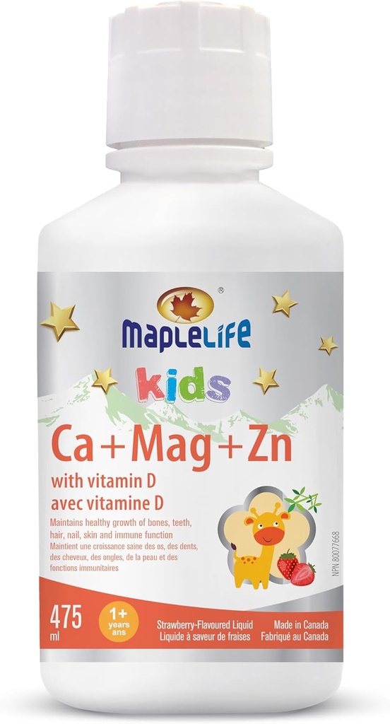 MapleLife Kids Calcium, magnésium et zinc + fraise D, 475 ml