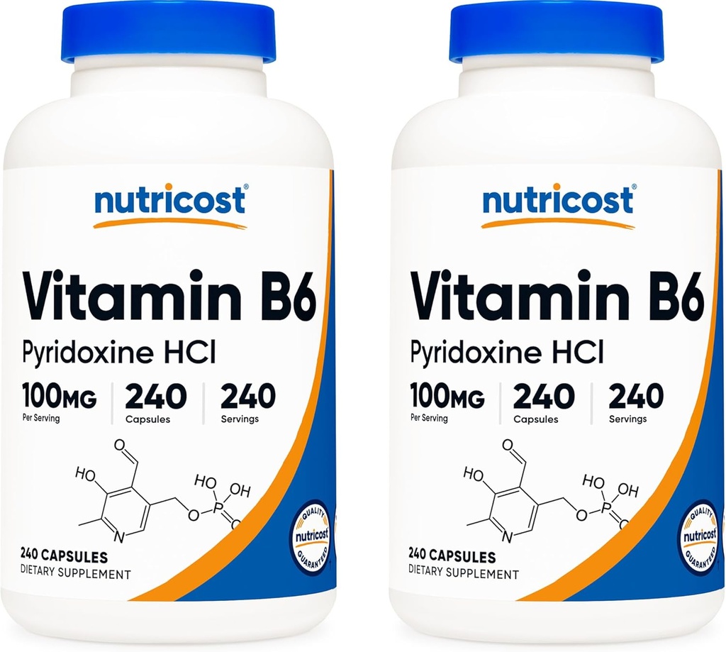 Nutricost Vitamine B6 (HCl pyridoxine) 100 mg, 240 capsules (2 bouteilles)