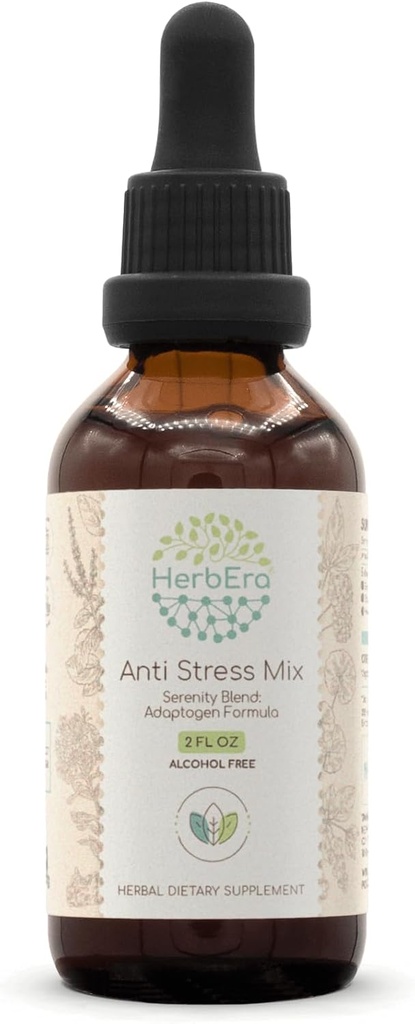 Mélange anti-stress B60 Teinture d'extrait sans alcool, racine Eleuthero, racine Rhodiola, Schisandra Berry, Gotu Kola Herb, Holy Basil Herb. Mélange de sérénité: Adaptogène Formule 2 Fl Oz