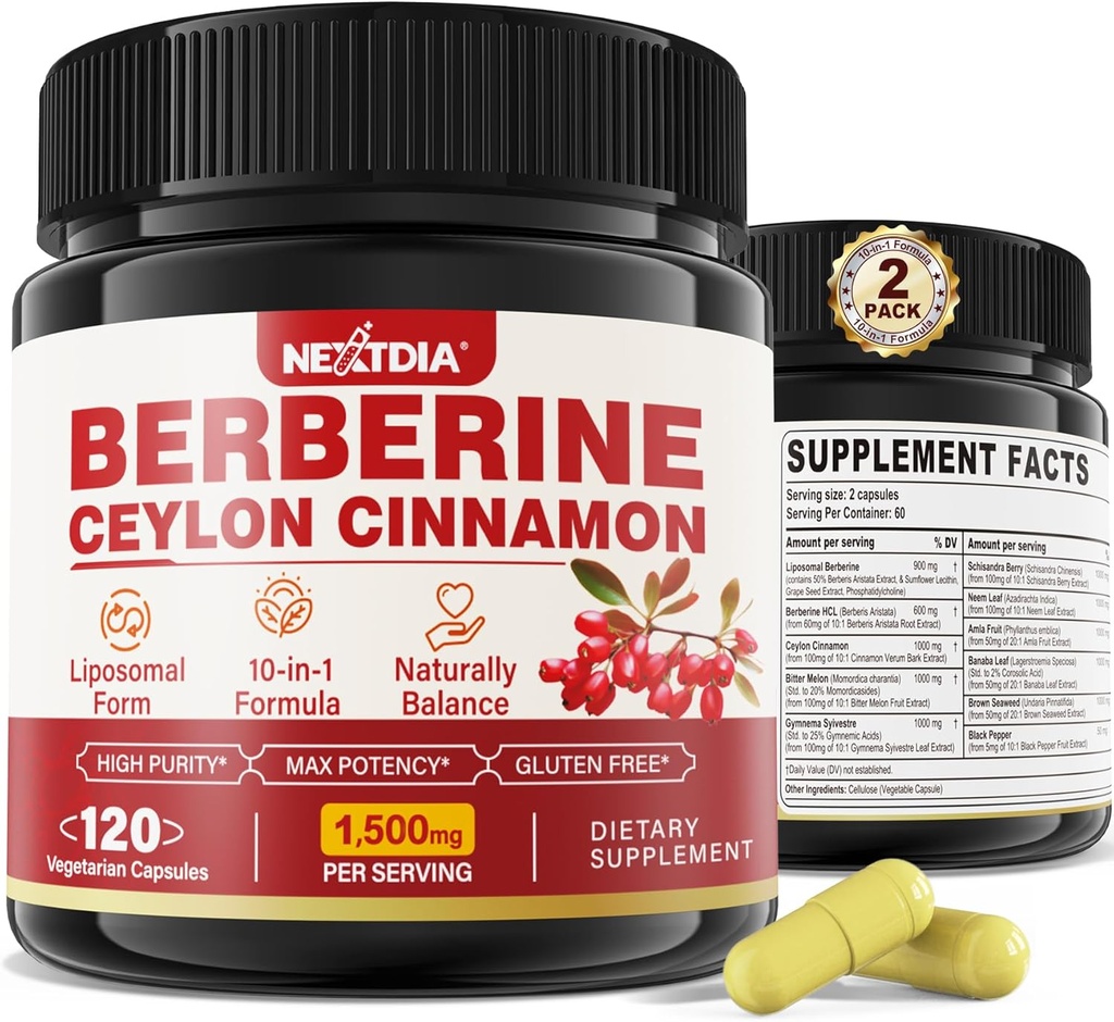 2 Pack 1500mg Liposomale Berberine HCL avec Melon Ceylan Cinnamon Bitter, Suppléments Biologique Berberine Complexe avec Feuille de Banane, Supports Immune & Digestion - Vegan 240 Capsules