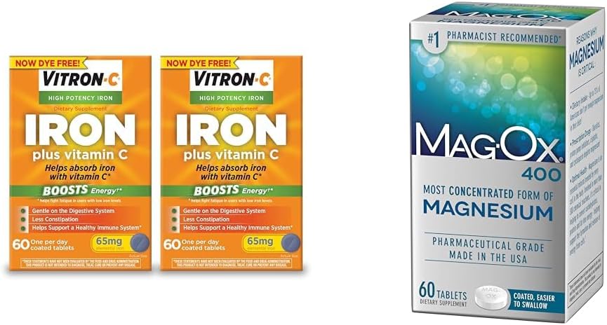 Supplément de fer Vitron-C Plus Vitamine C, 60 Compte, 2 paquets avec supplément alimentaire minéral Mag-Ox 400 Magnésium, 60 Compte