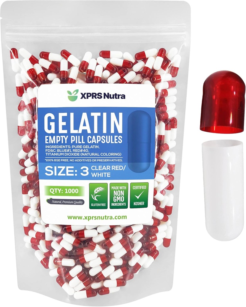 XPRS Nutra Taille 3 Capsules vides - 1000 Compte Capsules de gélatine vides - Pills Bricolage Capsule Remplissage - Pure Pill Gel Caps pour Do-It-Youlf Suppléments (Clear Red/White)