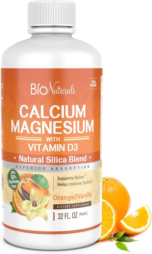 Bio Naturals Calcium & Magnesium Liquid Supplement with Vitamin D3 - Natural Formula, FOUR Types of Calcium Supports Strong Bones with Superior Absorption to Pills - 100% Vegetarian - 32 fl oz
