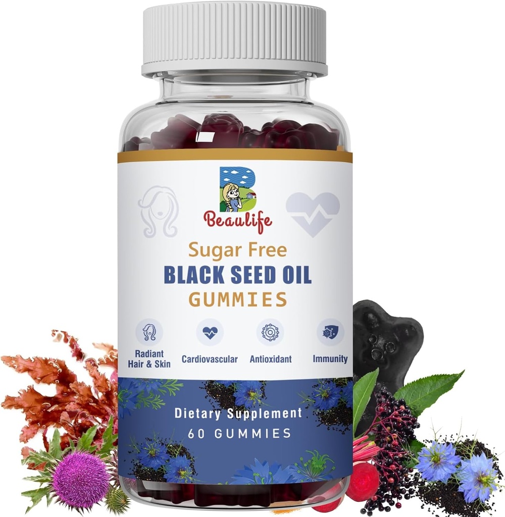 Huile de graines noires Gummies, Huile de graines noires, Moss de mer, Ashwagandha, Elderberry, Turmeric, Vitamine C, D, zinc, poudre de racine de betterave, système immunitaire de soutien, foie, santé cardiovasculaire, cheveux radiants et peau