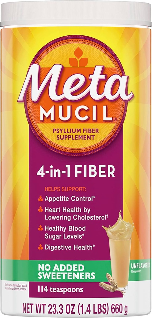 Métamucil, Poudre de Psyllium Husk, non aromatisée avec aucun édulcorant ajouté, 114 portions, Supplément de fibre de 4-en-1, Poudre de fibre de Psyllium Husk quotidienne Aidez à soutenir la santé digestive en favorisant la régularité*