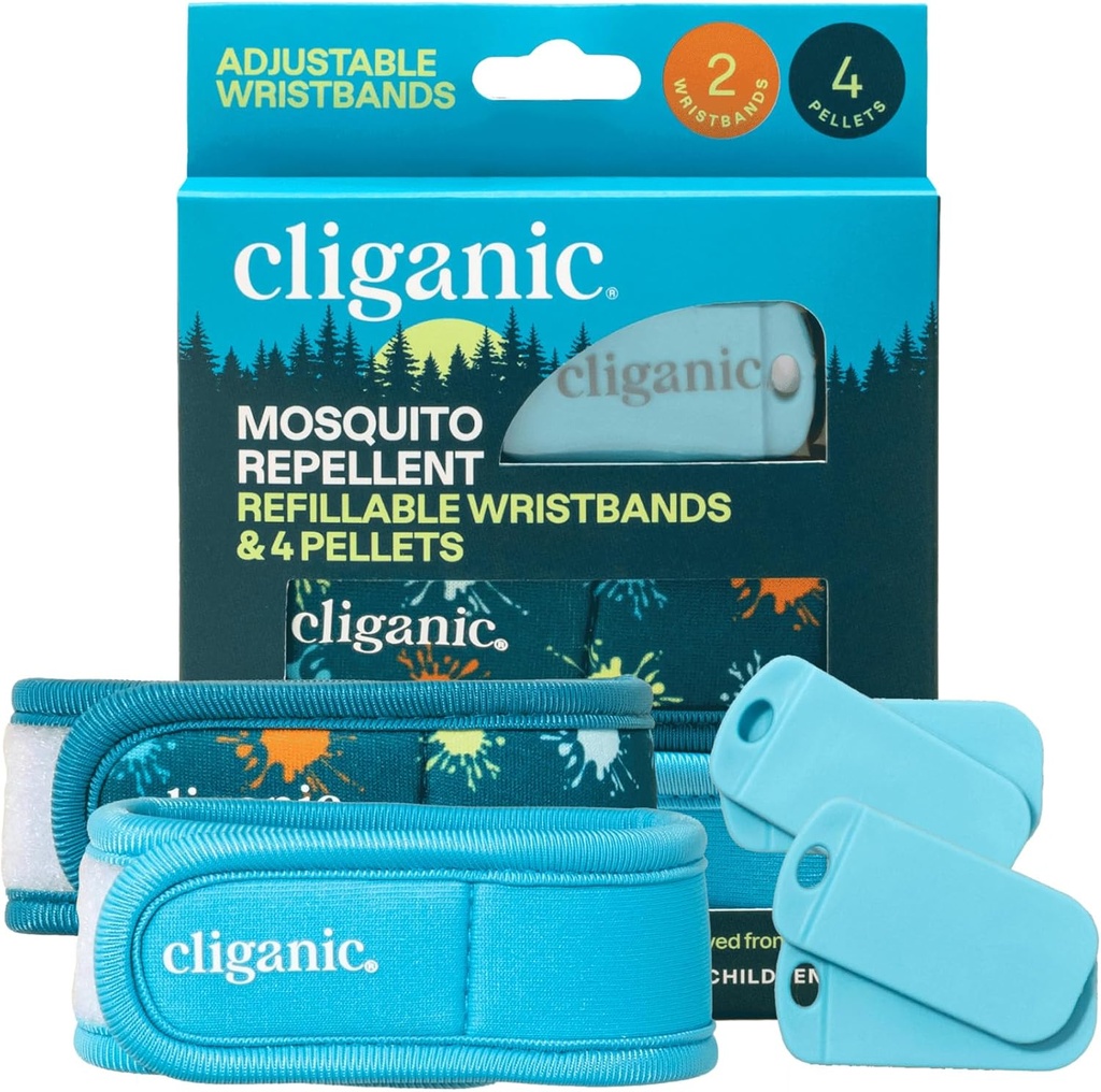 Cliganic Mosquito Repellent Pack (2 Bracelets + 4 Pellets de Recharge) - Ajustable, Sans DEET naturel, Huile essentielle Infusée