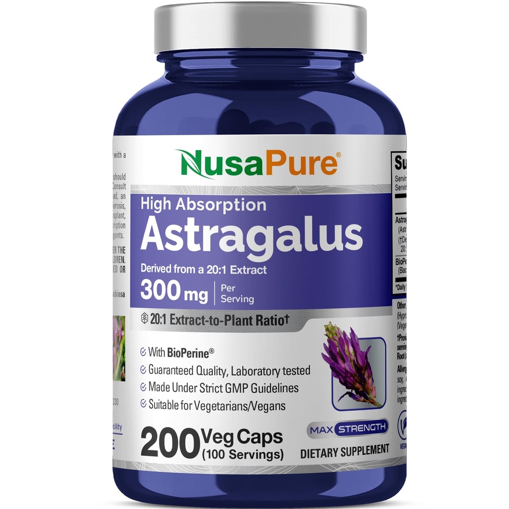 NusaPure Astragalus 20:1 Extrait, 300 mg équivalent à 6 000mg par portion, 200 Capsules de Veggie, Non-OGM et Bioperine