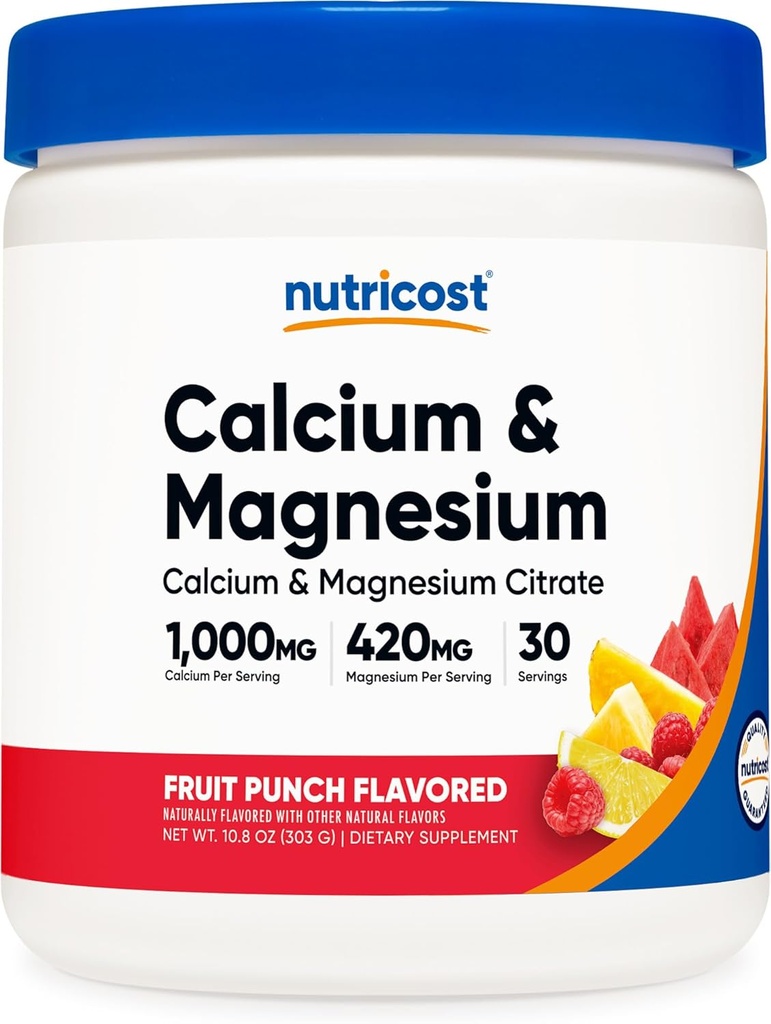 Poudre de magnésium de calcium Nutricost (Fruit Punch, 30 portions) - Soutien osseux, non OGM, sans gluten (à partir de citrate de calcium et de magnésium)