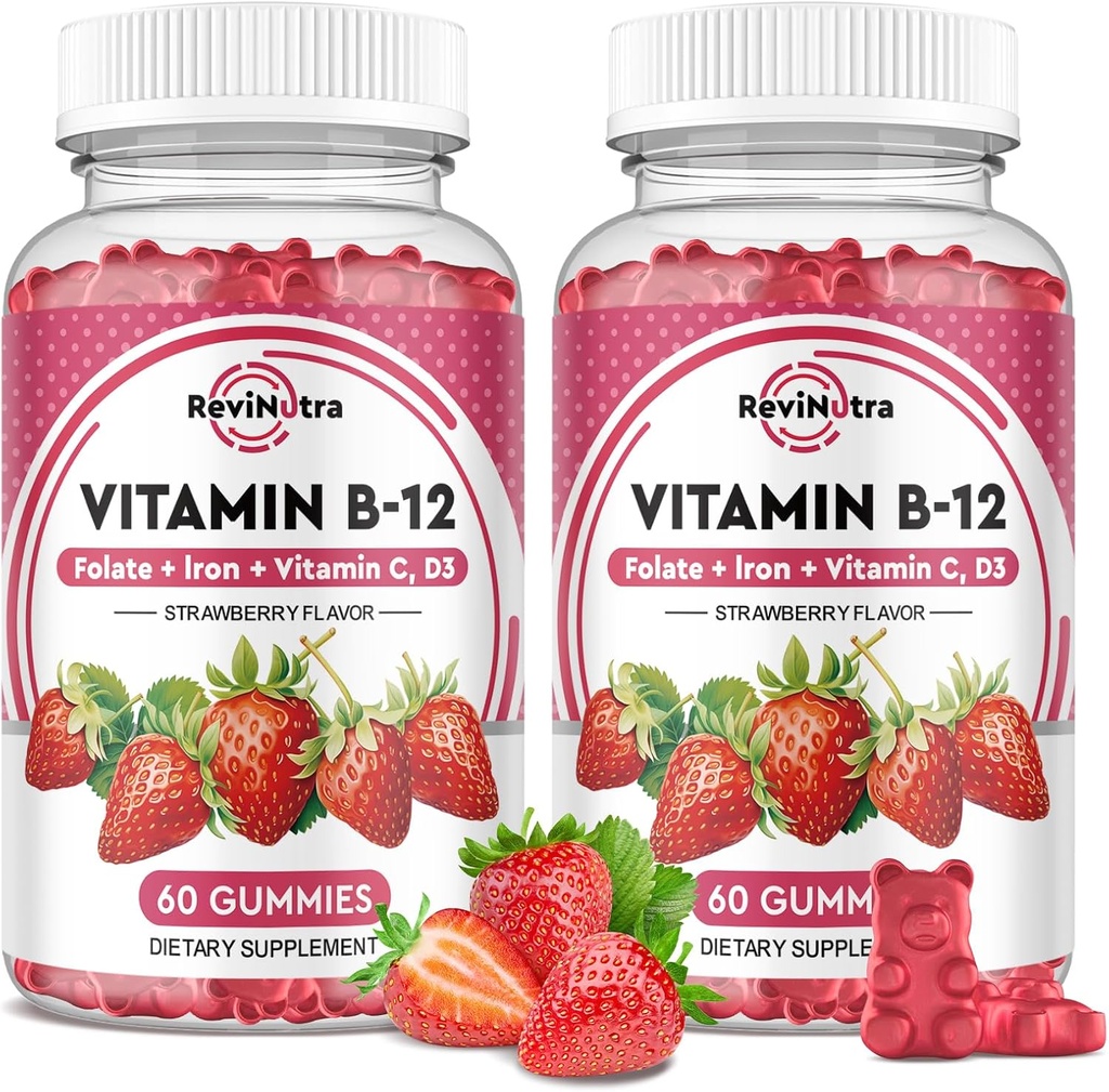 Gommies complexes de vitamine B12 - 5000 mcg de méthylcobalamine avec fer, vitamine C, D3 et folate, soutien énergétique et métabolisme, Immune, B-12 Supplément à croquer pour les hommes et les femmes, goût de fraise, 2 pack