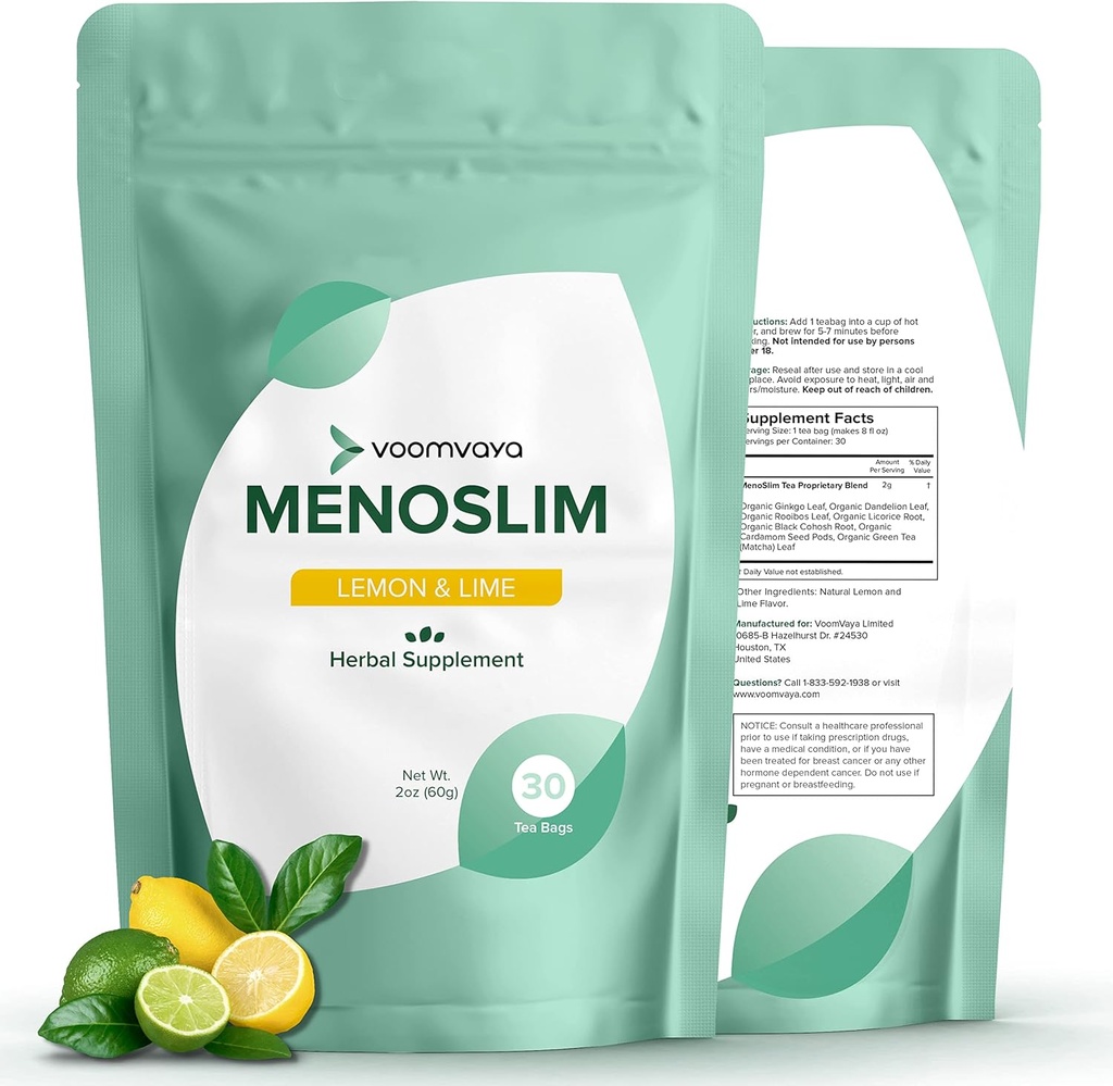 VoomVaya MenoSlim Tea - Hormone Balance Tea, Periménopause & Supplément Estrogen pour les femmes - pour Bloating, Flashs chauds, Sueurs de nuit & Méno-Belly - Lemon Lime Saveur - 30 Teabags