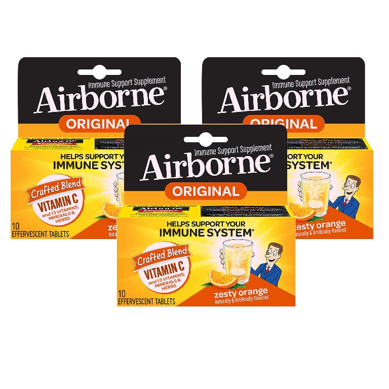 Airborne 1000mg Vitamine C avec comprimés effervescents de zinc, supplément de soutien immunitaire avec des antioxydants puissants Vitamines A C & E - 10 comprimés de boissons gazeuses, parfum orange zeste (Zesty Orange (paquet de 3))