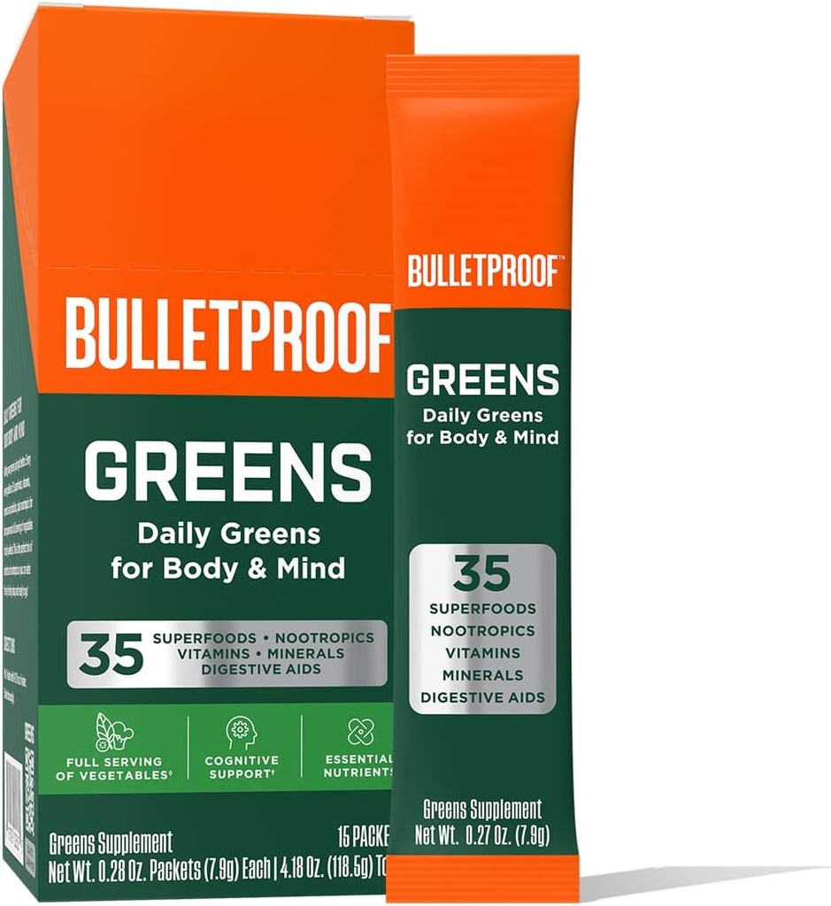 Paquets Greens Bulletproof, 15 Comte, Poudre de Greens Quotidien avec Superfoods et Nootropics, Pleine portion de légumes, Nutriments essentiels