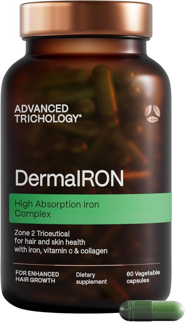 Supplément Derma-Iron pour les femmes et les hommes - pilules de construction de sang de fer pour les cheveux et la peau avec collagène et vitamine C naturelle, fer faible et ferritine, cheveux éclaircissants, support de perte de cheveux