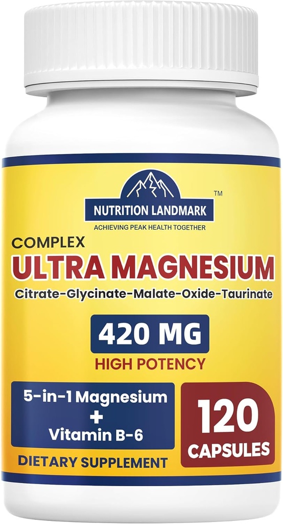 Supplément complexe de magnésium avec vitamine B6, 2 mois d'approvisionnement de 420mg 5-en-1 Oxyde de magnésium, Taurat, Malate, Citrate, Glycinat Max Absorption Supplément de magnésium pour calme, sommeil et crampes des jambes