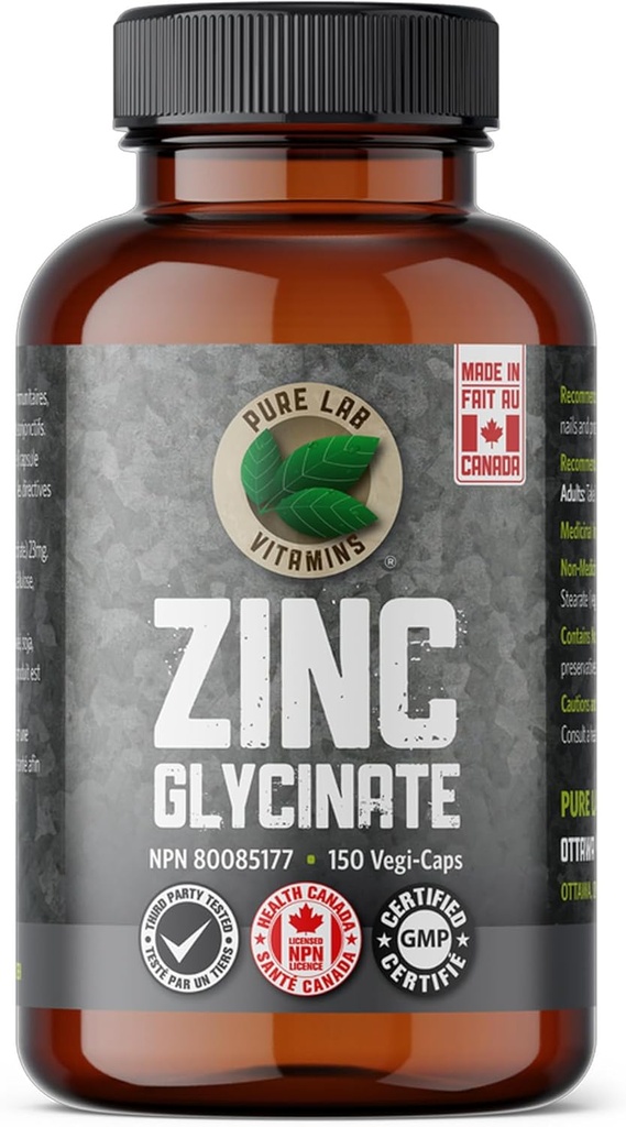 Supplément de glycine de zinc 23 mg - 150 capsules véganes par Vitamines de laboratoire pur - Sel acide amino pour une peau et des ongles sains - Soutient le système immunitaire, la prostate, la vision - Fabriqué au Canada