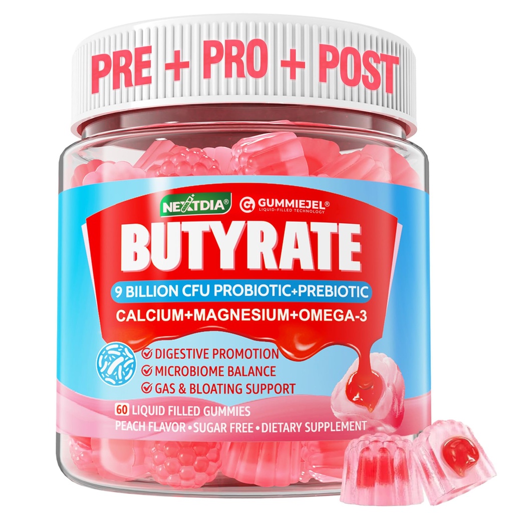 Gommies de Butyrate avec Probiotique + Prébiotique + Postbiotique, Omega-3 500mg, Fibre avec 9 Million CFU Probiotiques, Calcium et Magnésium, Inuline, Psylium Husk pour la santé digestive, Soutien flottant, Sans sucre