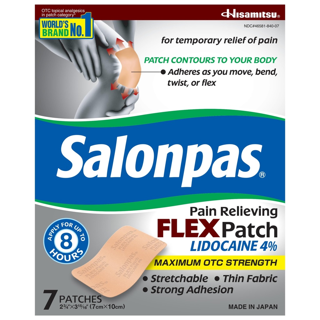 Salonpas Maximum OTC Strength Lidocaine 4% douleur soulagement FLEX Patch, demander jusqu'à 8 heures, sans parfum, mince, flexible, léger, patch reste en place, 7 Patches