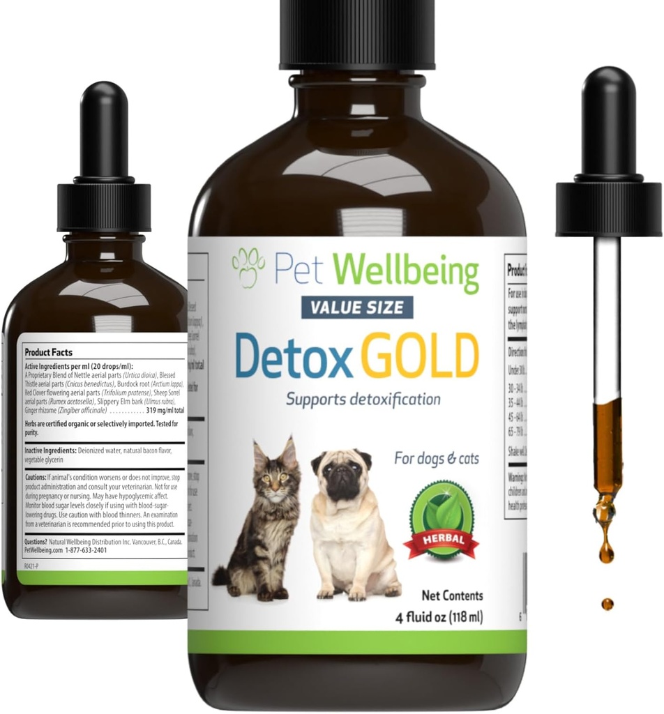 Détox d'or pour chiens et chats pour le bien-être de l'animal - Détoxification douce et soutien à l'élimination, soins du système immunitaire, nébulosité, chardon béni - supplément à base de plantes de forme vétérinaire 4 oz (118 ml)
