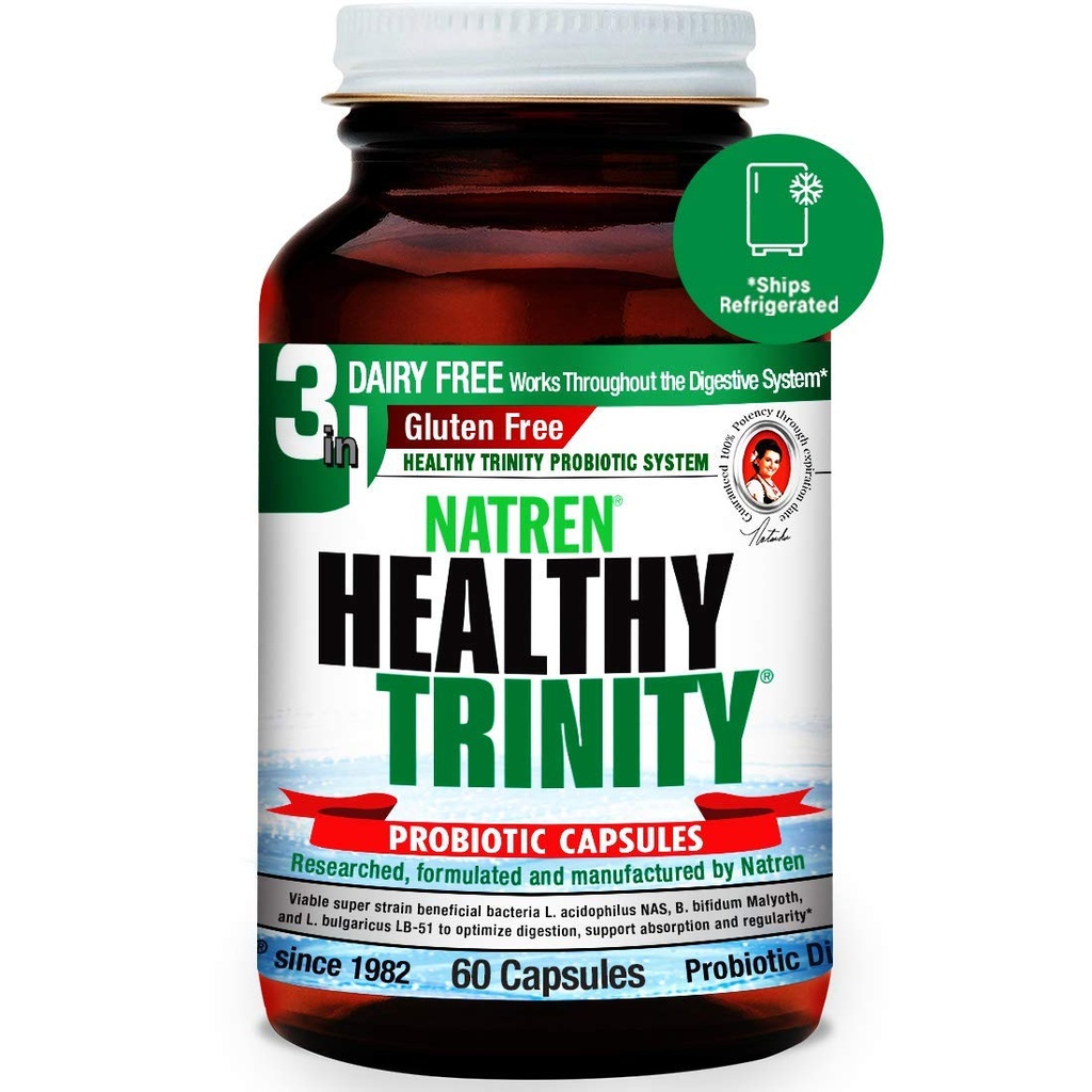 Natren Healthy Trinity Probiotics Supplement - 60 Capsules de gel sans lait et sans gluten - Améliorer la santé gustative et digestive, - 30 Million CFU - Lactobacillus Acidophilus, Bifidobacterium, Bulgaricus