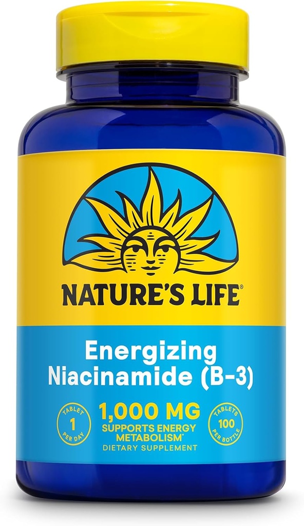Nature's Life Energizing Niacinamide, Vitamin B3 1000mg - High Potency, No Flush Niacin Supplement - Nerve Function, Energy and Metabolism Support - 60-Day Guarantee - 100 Servings, 100 Tablets