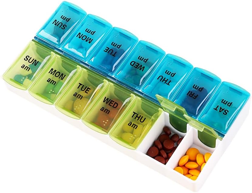 Distributeur d'Organisateur de Pill hebdomadaire, 2 fois par jour, boîte à pilule ouverte à guichet unique, planificateur de médicaments 7 jours pour le remplissage facile, AM PM cas de pilule pour les vitamines, médicaments, suppléments, huiles de poisson, bleu + vert
