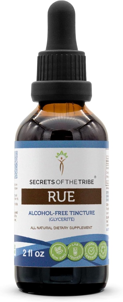 Secrets de la Tribe Rue Extrait liquide sans alcool, Rue (Ruta graveolens) Supplément de teinture aux herbes séchées (2 FL OZ)