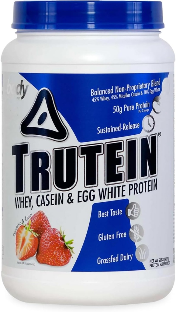 Trutéine à haute teneur en protéines en poudre : 45 % de lactosérum, 45 % de caséine, 10 % d'oeufs blancs, sans gluten, faible teneur en sodium, poudre de protéines de lactosérum, supplément de gymnastique et petit déjeuner, fraises et crème, 2 lb