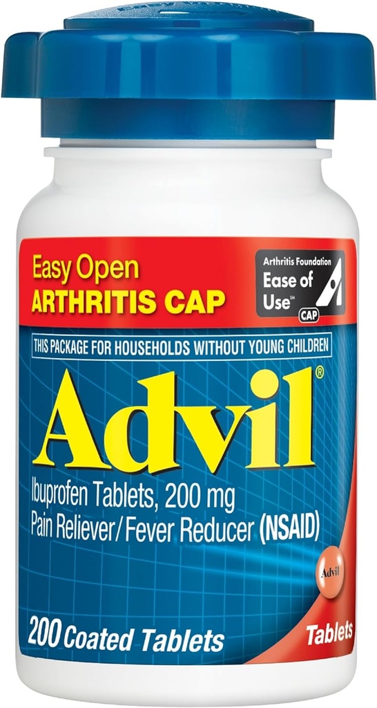 Advil (200 Count) Easy Open Arthritis Cap Pain Reliever/Fever Reducer Coated Tablet, 200mg Ibuprofen, Temporary Pain Relief