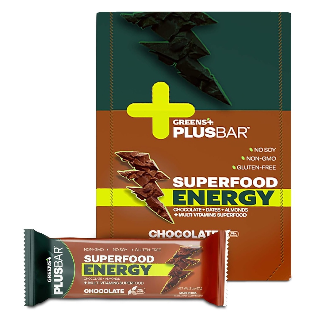 Verts+ Plusbar Énergie Chocolat , sans gluten Barre d'énergie , bio Verts , bio Chocolat noir , non OGM 12 barres