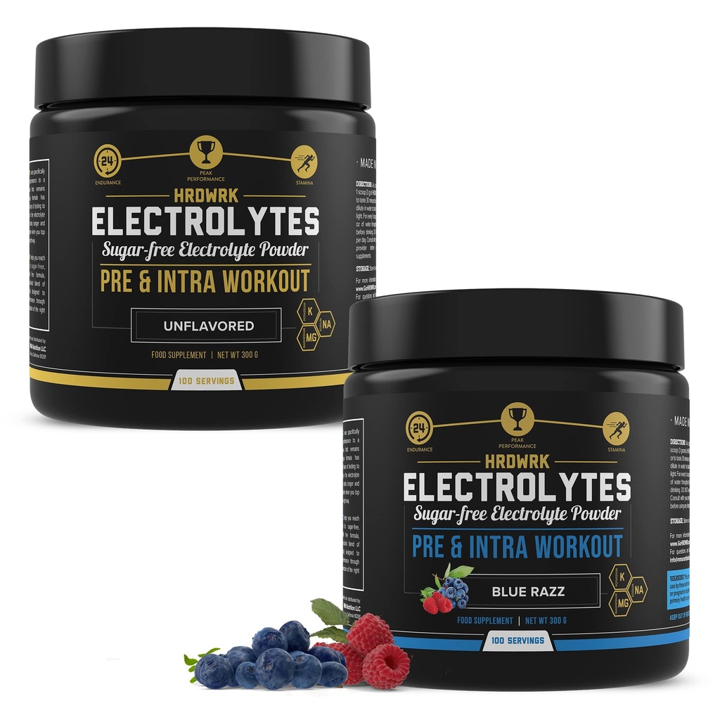 MMA Nutrition HRDWRK 100 portions Kéto électrolytes Poudre Hydratation sans sucre - Poudre d'électrolyte pour stimuler l'endurance et réduire la fatigue avec supplément d'électrolytes - Ensemble de framboises bleues et non aromatisées