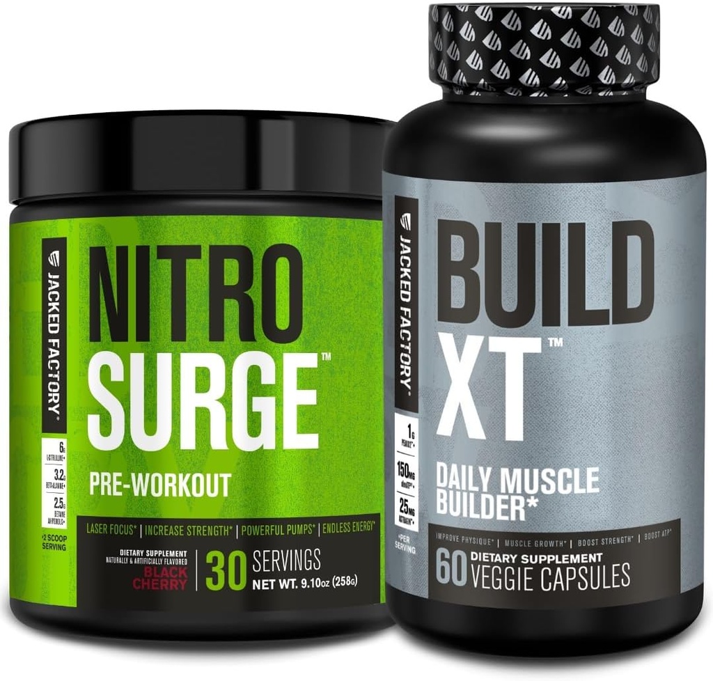 Jacked Factory Nitrosurge Pré-entraînement en cerise noire et construire XT Muscle Building Bundle pour hommes et femmes