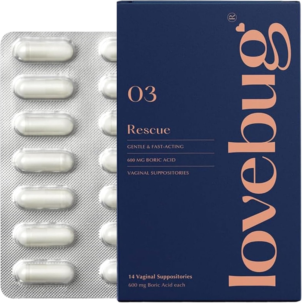 LoveBug Women's Health Rescue Vaginal Boric Acid Suppositories for Women - Suppositoire à action rapide pour l'odeur, la décharge, la levure et l'équilibre du pH avec l'huile de coco, l'acide hyaluronique et la vitamine E, 14 ct