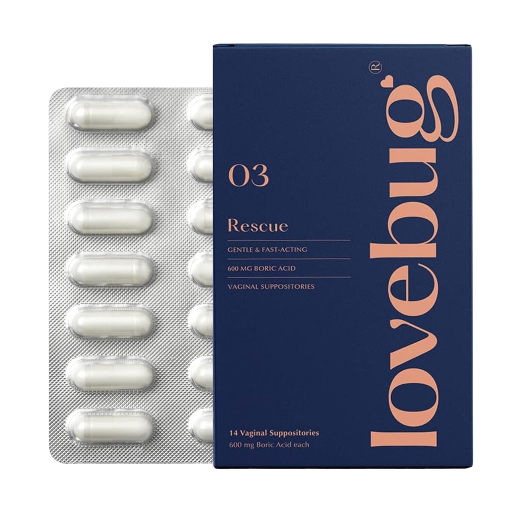 LoveBug Women's Health Rescue Vaginal Boric Acid Suppositories for Women - Suppositoire à action rapide pour l'odeur, la décharge, la levure et l'équilibre du pH avec l'huile de coco, l'acide hyaluronique et la vitamine E, 14 ct