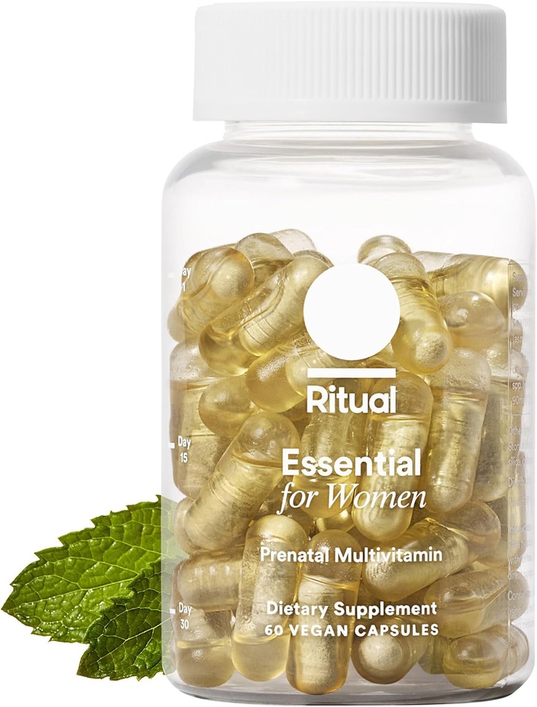 Rituel essentiel pour les femmes Multivitamine prénatale: Folate et choline pour le soutien des tubes neuraux, Oméga-3 DHA pour le développement du cerveau foetal, Fer, Calcium-Helper D3 & K2, Non-OGM, Vegan, Menthe, 30 jours