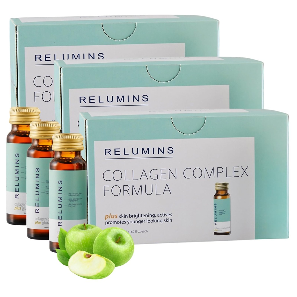 Relumins World's Most Advanced Collagen Drink - 10,000mg w/Glutathione & Antioxidants | USA's No.1 Liquid Collagen, Anti-Aging, Summer Glow Skin | Apple Flavor | Made in USA - 30 Bottles