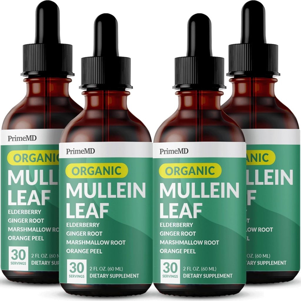 5-en-1 gouttes de Mullein pour les poumons et les bronches - Soutien respiratoire pour la santé pulmonaire avec extrait de Mullen Leaf pour les poumons - Teinture de Mullein avec des racines de mûre, d'échinacée et de gingembre (120 portions) (4-pack)