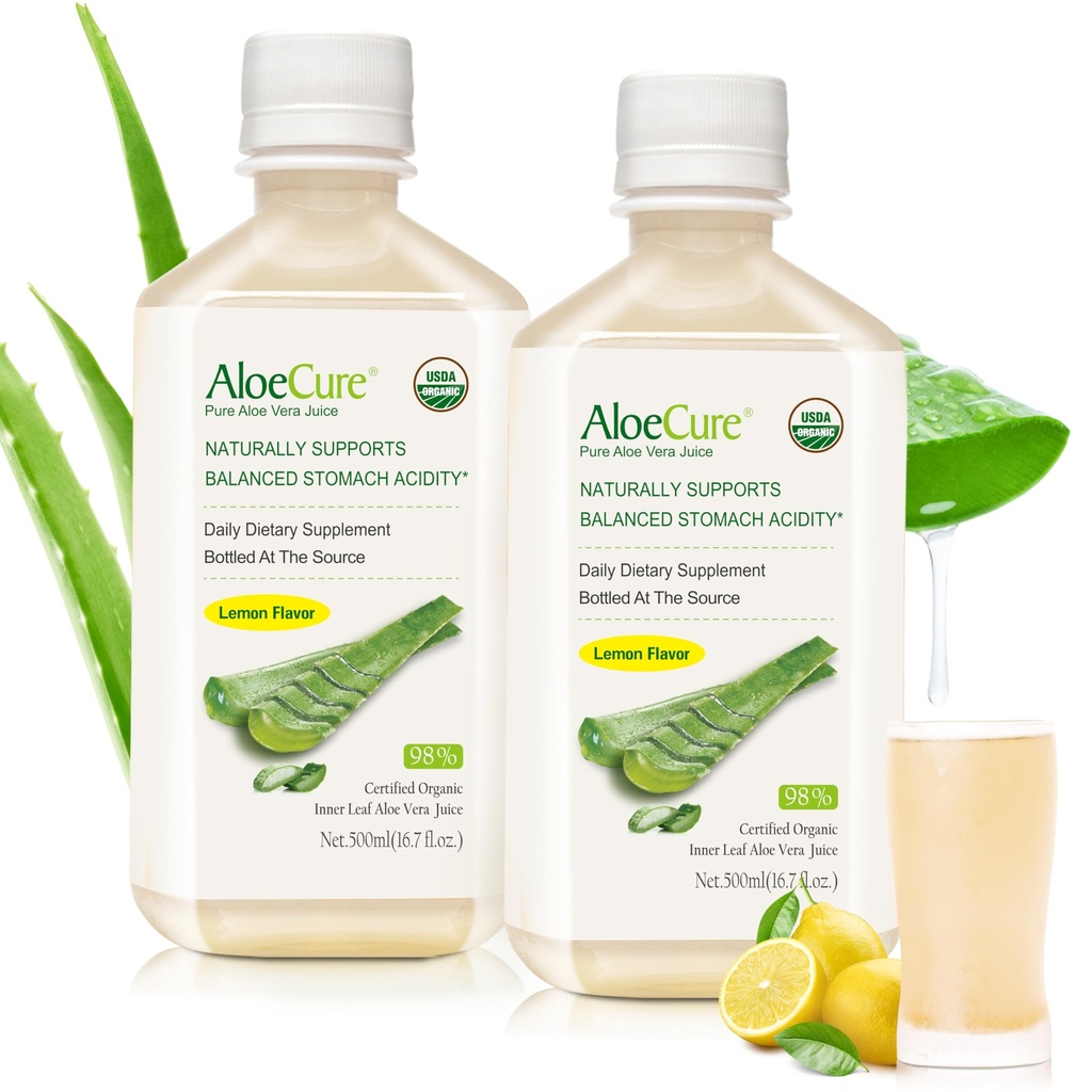 AloeCure USDA Bio Aloe Vera Juce Lemon Flavor - Fabriqué dans les 12 heures de la récolte - Supplément digestif naturel pour l'acidité équilibrée de l'estomac - Soutenir la santé digestive et immunitaire, 2 Btls x 16,7oz