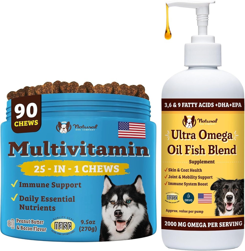 Natural Dog Company Multivitamin Chews and Ultra Omega Oil for Active Dogs - Les aliments nutritifs-Rich Dog Treats avec Oméga-3 et vitamines essentielles, soutient la santé cognitive et la vitalité globale pour toutes les races
