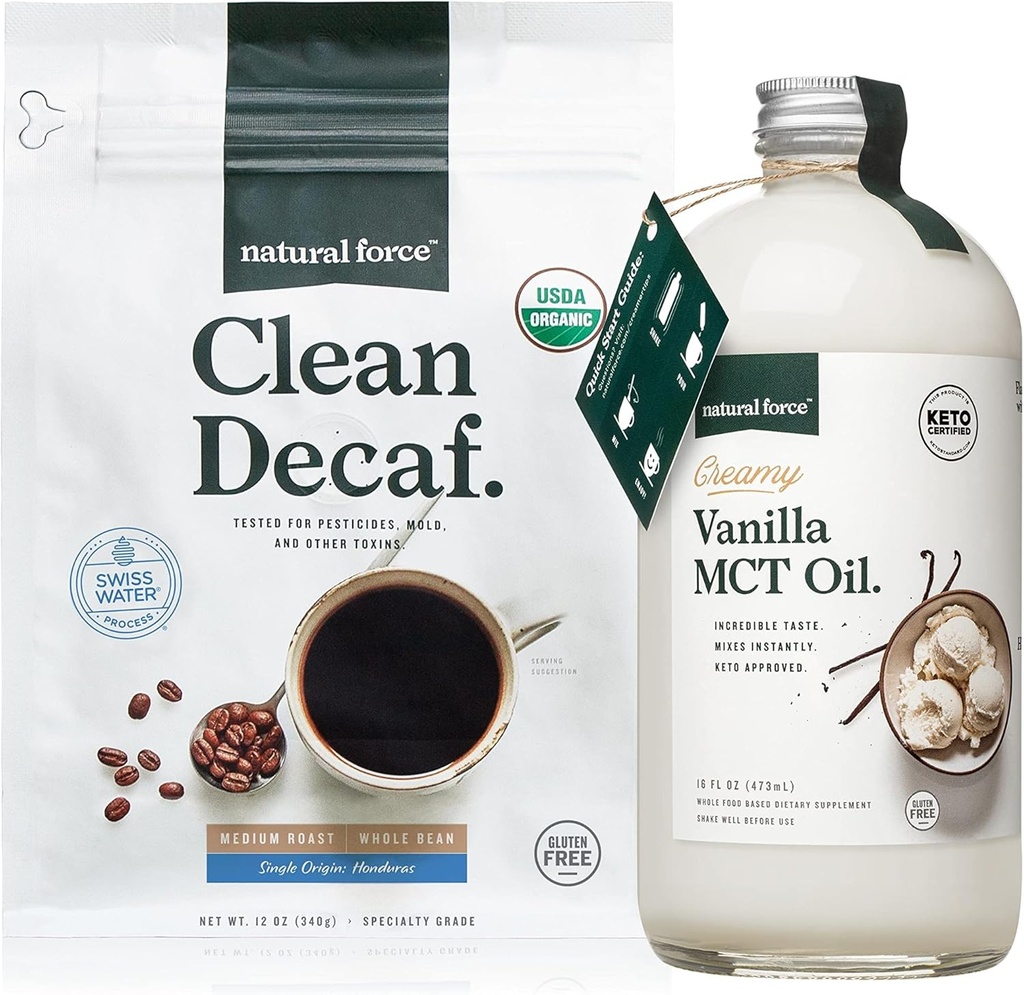 Natural Force Organic Clean Decaf Coffee + Creamy Vanilla MCT Oil Bundle – Aromatisé MCT Creamer & Mold & Mycotoxine sans café – Non-OGM, Keto, Paleo et Vegan - 12 Oz Sac et 16 Oz bouteille en verre